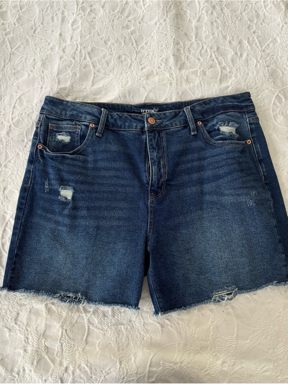 Terra & Sky Dark Blue Distressed Denim Shorts
